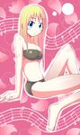  bad_anatomy bare_arms bare_shoulders barefoot beamed_eighth_notes bikini blonde_hair blue_eyes blush breasts eighth_note highres long_hair looking_at_viewer medium_breasts musical_note nnn original petals quarter_note solo staff_(music) swimsuit 