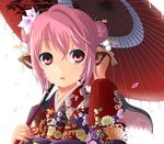  :&lt; :o alternate_hairstyle animal_ears close-up face flower hair_bun hair_flower hair_ornament hair_up highres japanese_clothes kimono mystia_lorelei oriental_umbrella parasol petals pink_eyes pink_hair seigaiha short_hair solo touhou umbrella upper_body wings yuu_(genkai77) 