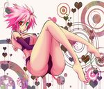  1girl arc_system_works bare_shoulders barefoot blazblue erect_nipples feet female full_body genderswap green_eyes heterochromia pink_hair ragna_the_bloodedge red_eyes short_hair sitting solo yukichi_(pixiv338887) 