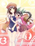  backpack bag bakemonogatari bear_claws black_hair brown_eyes brown_hair cabbie_hat fang groping hachikuji_mayoi hairband haru_aki hat highres jacket jacket_on_shoulders long_hair monogatari_(series) multiple_girls one-piece_swimsuit red_eyes school_swimsuit sengoku_nadeko short_hair swimsuit twintails yuri 