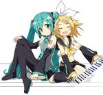  aqua_eyes aqua_hair back-to-back blonde_hair blush detached_sleeves hair_ornament hair_ribbon hairclip happy hatsune_miku headphones headset instrument ixy kagamine_rin keyboard_(instrument) long_hair multiple_girls necktie ribbon short_hair shorts sitting skirt smile thighhighs twintails very_long_hair vocaloid 