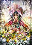  animal animal_ears bug bunny bunny_ears butterfly card floating_card flower heart heart_hands inaba insect long_hair md5_mismatch moon multicolored_hair reisen_udongein_inaba shino_(eefy) sitting skirt solo thighhighs touhou 