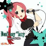  album_cover breasts cover don't_say_&quot;lazy&quot; k-on! large_breasts long_hair microphone miura_akane open_mouth parody pink_hair ponytail solo star 