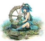 backpack bag blue_eyes blue_hair boots bottle box cucumber fingernails gloves goggles grass hair_bobbles hair_ornament hammer hat kawashiro_nitori key leaf miyuki_ruria mouth_hold plant pocket radiation_symbol rock rubber_boots screw short_hair sitting solo toolbox touhou twintails two_side_up water water_wheel wheel wrench 