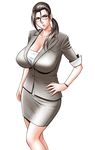 breasts brown_eyes brown_hair business_suit cleavage copyright_request formal glasses hand_on_hip highres huge_breasts jacket mole office_lady pencil_skirt ponytail skirt skirt_suit solo suit tatsunami_youtoku 