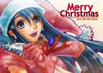  blue_eyes blue_hair bow collar crystal earrings gloves grin hat jewelry long_hair mugi_dango open_mouth ribbon riselina_elinueth santa_costume santa_hat smile snowflakes solo sora_no_kane_no_hibiku_hoshi_de 