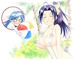  agahari ball beachball bikini blue_hair blush breasts cleavage closed_eyes idolmaster idolmaster_(classic) kisaragi_chihaya large_breasts long_hair miura_azusa multiple_girls navel o_o open_mouth ponytail slingshot_swimsuit smile string_bikini swimsuit traditional_media 