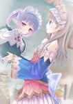  atelier_(series) atelier_totori back_bow bare_shoulders blue_eyes blue_sleeves blush bow brown_hair chim_(atelier) detached_sleeves dress itsui_(dihydrogenmonoxid) jar jitome long_hair maid_headdress multiple_girls purple_hair size_difference sleeves_past_wrists totooria_helmold twintails 