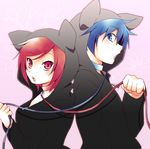  1girl animal_ears animal_hood blue_eyes blue_hair cat_ears cat_hood hood hoodie kaito leash meiko open_mouth red_eyes red_hair short_hair tsuyuka_(sunny_spot) vocaloid 