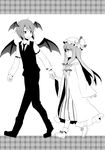  1girl bat_wings bishounen genderswap genderswap_(ftm) greyscale koakuma kurot monochrome patchouli_knowledge short_hair smile touhou walking wings 