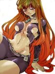  belly breasts brown_eyes cleavage jewelry long_hair mankintan mithra_(psyren) navel necklace orange_hair psyren smile solo 