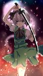  arm_up ascot bad_id bad_pixiv_id ghost grey_eyes hair_ribbon highres katana konpaku_youmu lights momoco88 petals ribbon shirt short_hair silver_hair skirt skirt_set solo sword touhou vest weapon 