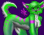  breasts canine dingo dog fangs female green looking_at_viewer lumaberry nude pinup purple_background purple_eyes sabertooth solo spots wings zuka 