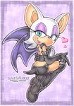  &hearts; bat blue_eyes boots breasts clothing eyeshadow female gloves lipstick looking_at_viewer looking_back makeup purple_background rouge_the_bat sega shirt shishiko shorts side_boob solo sonic_(series) tail white wings 