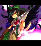  arm_cannon bad_id bad_pixiv_id black_hair bow feathers green_bow hair_bow letterboxed looking_down outstretched_hand red_eyes reiuji_utsuho solo takebi touhou weapon wings 