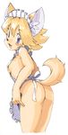  anthro apron artist_request ass blonde_hair blue_eyes blush breasts butt canine character_request cyber_connect_2 female flo flo_(solatorobo) flo_financier fox fromage furry hair headdress headress little_tail_bronx looking_at_viewer looking_back mammal mk2 oyatsu_(mk2) plain_background pose raised_tail short_hair side_boob sideboob simple_background small_breasts smile solatorobo solo standing sweat_drop sweatdrop tail 