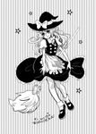  apron bad_id bad_pixiv_id bow braid broom dress greyscale hair_bow hat hat_bow highres kirisame_marisa long_hair mary_janes monochrome sarasara shoes solo star striped striped_background touhou witch witch_hat 