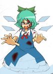  angry aqua_hair blood blood_on_face bloody_clothes blue_eyes bow cirno dress fairy_wings hair_bow necktie open_mouth outstretched_hand ribbon short_hair sketch solo tears touhou wings 