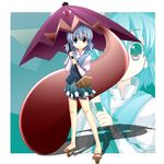  bad_id bad_pixiv_id bare_legs blue_eyes blue_hair geta heterochromia hori_daikon karakasa_obake purple_umbrella red_eyes short_hair skirt smile solo standing tatara_kogasa tongue touhou umbrella zoom_layer 