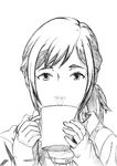  cup eve_no_jikan face greyscale hands monochrome mug non-web_source ponytail sammy_(eve_no_jikan) sleeves_past_wrists solo traditional_media 