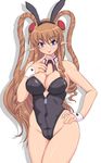  animal_ears bare_legs blue_eyes breasts brown_hair bunny_ears bunnysuit cleavage detached_collar finger_to_chin highleg highleg_leotard highres hips kihaiu large_breasts leotard long_hair neige_hausen pointy_ears ribbon solo super_robot_wars super_robot_wars_og_saga_mugen_no_frontier super_robot_wars_og_saga_mugen_no_frontier_exceed tongue wide_hips wrist_cuffs zipper 