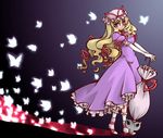  blonde_hair blue_eyes bow bug butterfly closed_umbrella dress frills full_body gap gathers hair_ribbon hat insect long_hair mizutama_(flowering) ribbon sandals smile socks solo touhou umbrella white_umbrella yakumo_yukari 