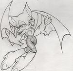  black_and_white boots breasts cleavage clothed clothing female fishnet gloves half-closed_eyes kiss_the_thunder mammal monochrome navel rouge_the_bat sega solo sonic_(series) wings 