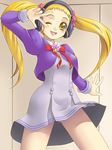  blonde_hair bow brooch dress eyelashes headphones jewelry kasugano_urara_(yes!_precure_5) l'ecole_des_cinq_lumieres_school_uniform long_hair one_eye_closed precure purple_skirt ribbon school_uniform skirt smile solo twintails v yaso_shigeru yellow_eyes yes!_precure_5 