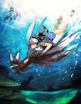  1girl barefoot black_hair blue_eyes commentary_request dive_(pokemon) diving dragon freediving frillish frillish_(female) frillish_(male) hat hilda_(pokemon) hydreigon kurobis light_rays long_hair monster open_mouth pokemon pokemon_(creature) pokemon_bw pokemon_move puffy_cheeks red_eyes riding riding_pokemon sexual_dimorphism shorts sunbeam sunlight teeth underwater 