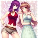  ahoge belt_buckle bracelet breasts brown_hair buckle casual cleavage crossed_arms cutoffs denim denim_shorts dress fingernails hair_intakes hand_on_hip jewelry jinguuji_marimo kimi_ga_ita_kisetsu kouzuki_yuuko long_hair lowres medium_breasts midriff multiple_girls muvluv nail_polish navel necklace purple_eyes purple_hair sayori short_hair short_shorts shorts tank_top yellow_eyes 