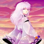  androgynous bad_id bad_pixiv_id field flower flower_field hakudoushi highres inuyasha japanese_clothes lavender_hair light_smile long_hair looking_back male_focus oroshigane otoko_no_ko petals purple purple_eyes sky solo twilight wide_sleeves 