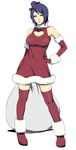  akatsuki_(naruto) bag bare_shoulders blue_hair boots bow breasts christmas cleavage cleavage_cutout dress elbow_gloves gloves hair_bow hand_on_hip heart heart_cutout konan large_breasts naruto naruto_(series) naruto_shippuuden noro_(king) red_gloves red_legwear santa_costume short_dress solo standing thighhighs yellow_eyes 