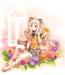  :3 animal_ears baby's-breath bare_shoulders blonde_hair bow bracelet daisy flower flower_request highres holding holding_flower jewelry long_hair rose seeu shoes skirt smile solo thighhighs very_long_hair vocaloid white_legwear youqiniang zettai_ryouiki 