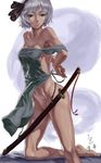  absurdres apron barefoot black_hairband blue_eyes censored collarbone convenient_censoring face hairband hands highres kneeling konpaku_youmu lips naked_apron navel off_shoulder older ribbon scabbard scrap_iron sheath sheathed short_hair silver_hair solo sword touhou weapon 