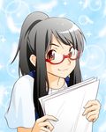  black_hair genshiken glasses lens_flare long_hair paper ponytail red-framed_eyewear semi-rimless_eyewear smile solo sparkle yellow_eyes yomoyama_akira yoshitake_rika 