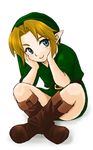  artist_request blonde_hair boots crossed_legs full_body hat link male_focus pointy_ears simple_background sitting smile solo the_legend_of_zelda the_legend_of_zelda:_ocarina_of_time young_link 