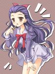  bow brown_eyes dress hair_ribbon l'ecole_des_cinq_lumieres_school_uniform leaning_forward long_hair lowres milk_(yes!_precure_5) mimino_kurumi moribe_(rabumanyo) precure purple_hair purple_skirt ribbon school_uniform simple_background skirt smile solo yes!_precure_5 yes!_precure_5_gogo! 