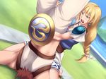  arms_out blonde_hair crotch_grab earrings femdom green_eyes insignia jewelry kneeling maku_(l-u) makura_no_doushi open_mouth outstretched_arms shield sophitia_alexandra soul_calibur soulcalibur_ii squeezing_testicles sweat upside-down 