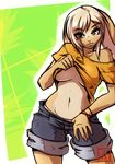  blonde_hair bracelet breasts brown brown_fur clothed clothing dalehan female floppy_ears fur hair jewelry lagomorph long_ears looking_at_viewer mammal navel nibby rabbit red_eyes short_hair shorts smile solo teasing tomboy under_boob undressing white 