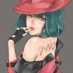  back bare_shoulders bob_cut brown_eyes cowboy_hat face green_hair guilty_gear hands hat i-no lips lipstick makeup mole mole_above_mouth pink_lipstick pouty_lips red_hat short_hair simple_background solo tattoo yamaishi_(mukoubuti) 