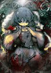  blood blood_on_face blood_splatter bloody_clothes blue_eyes blue_hair english hair_ornament hair_rings hair_stick kaku_seiga koohee outstretched_arm shawl short_hair smile smirk solo touhou 