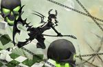  backless_outfit bad_id bad_pixiv_id black_hair black_rock_shooter checkered checkered_floor claws crack cross_akiha dead_master full_moon green_eyes highres holding holding_scythe horns moon open_mouth pants scythe skull smile solo wings 