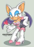  &hearts; bat blue_eyes boots breasts cleavage clothed clothing eyeshadow female gloves hair hand_on_hip makeup mammal plain_background rouge_the_bat sega shishiko solo sonic_(series) white white_clothing white_hair wings 