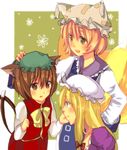  animal_ears bad_id bad_pixiv_id blonde_hair blush brown_eyes brown_hair cat_ears cat_tail chen fox_tail hand_on_another's_cheek hand_on_another's_face hand_on_another's_head hat long_hair multiple_girls pame purple_eyes short_hair smile tail touhou yakumo_ran yakumo_yukari yellow_eyes 