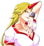  arm_up blonde_hair breasts chain chamaruku face fingernails horn hoshiguma_yuugi large_breasts long_hair nail_polish red_eyes red_nails simple_background solo touhou white_background 