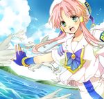  :d aria bird cloud day fingerless_gloves gloves hair_tubes hat mizunashi_akari multicolored multicolored_eyes open_mouth outstretched_arm pink_hair sea_spray short_hair_with_long_locks sidelocks sky smile solo uniform water yuh 