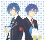  aqua_eyes armband bad_id bad_pixiv_id blue_eyes blue_hair crossover digital_media_player headphones ipcen look-alike male_focus mawaru_penguindrum multiple_boys penguin_2-gou persona persona_3 school_uniform takakura_shouma yuuki_makoto 