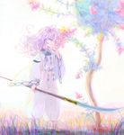  bad_id bad_pixiv_id barefoot empty_eyes flower hakudoushi highres inuyasha japanese_clothes lavender_hair long_hair male_focus oroshigane pale_color purple_eyes solo standing weapon wide_sleeves 