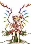  bad_id bad_pixiv_id barefoot blonde_hair bow dress flandre_scarlet flower hat highres plant red_eyes ribbon rose side_ponytail sitting skirt solo tepes thorns touhou vines wings wrist_cuffs 