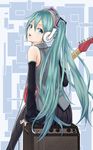  amplifier aqua_eyes aqua_hair arm_support bad_id bad_pixiv_id detached_sleeves from_behind guitar hatsune_miku headphones heisei_yutorin instrument long_hair looking_back open_mouth pantyhose plectrum sitting solo very_long_hair vocaloid 